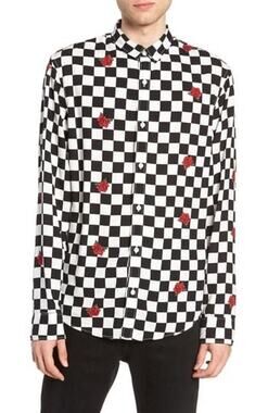 The Rail Nordstrom Black White Checker Red Rose Floral Rayon Button Down Shirt L